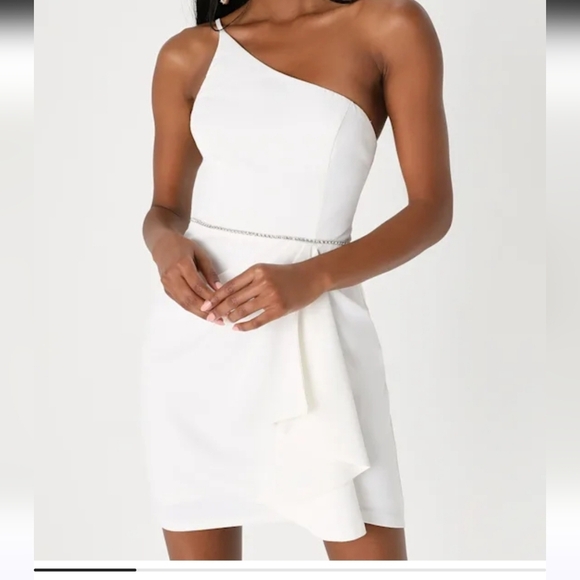 Women’s Lulus Brilliant Bliss White Rhinestone One-Shoulder Tulip L Mini Dress - Picture 2 of 12